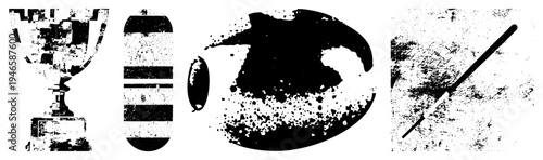 Stylized trophy with distressed texture, striped cylindrical form, ink splattered oval shape, clock hands on gritty background vector with halftone grit and decay aesthetic.