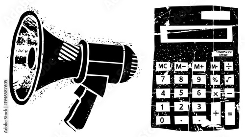 Loudspeaker & calculator for public announcements, financial calc, budgeting, marketing analytics, economic planning, forecasting.