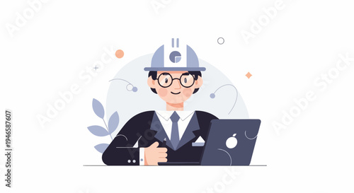 A person in a hard hat and suit using a laptop with abstract elements