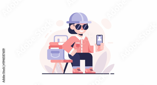 A person in a hard hat and sunglasses sits on a bench, taking a selfie with their phone