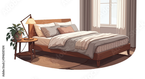 A cozy and inviting bedroom interior with a stylish bed, soft linens, a bedside lamp, and a green plant creating a peaceful and serene atmosphere