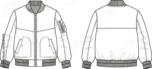 Technical fashion sketch, bomber jacket front and back view, zipper closure, flap pockets, ribbed cuffs and waistband, utility sleeve pocket