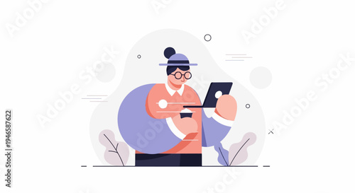 A person in a hat and glasses holds a cup while looking at a tablet