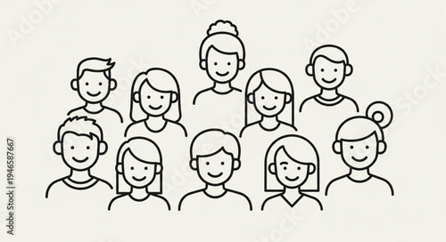 Diverse group of people illustration in simple line art style.