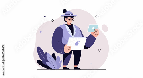 A person in a hat and glasses holds a laptop and tablet