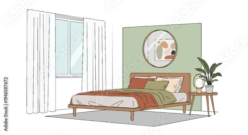 A beautifully hand-drawn illustration depicting a serene modern bedroom featuring warm earthy tones and natural light, evoking a sense of tranquil