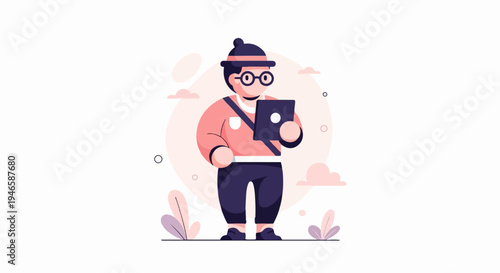 A person in a hat and glasses holds a tablet, surrounded by abstract shapes