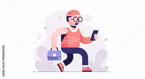 A person in a hat and glasses carries a briefcase while walking with a smartphone