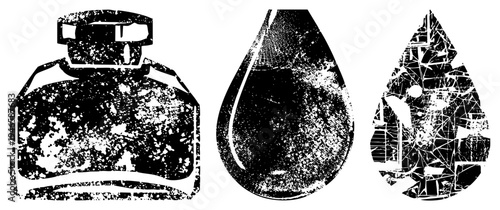 Ink bottle and two stylized droplet shapes rendered in high contrast textures, vector art, abstract ink design, graphic illustration, printmaking style.