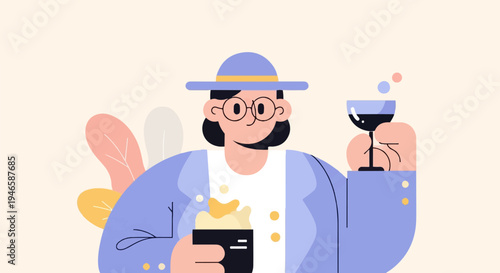 A person in a hat and glasses holds two drinks, one in each hand