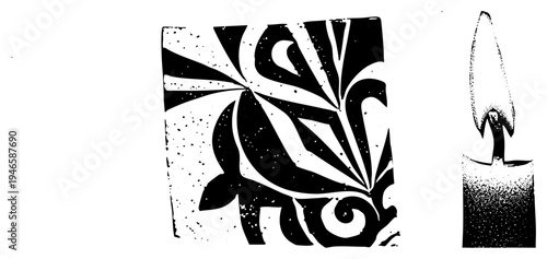Stylized botanical design with bold curves and halftone texture, candle flame silhouette, graphic art, vector illustration, composition, decorative motif, isolated foreground.