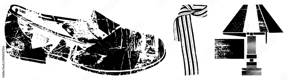 Obraz premium Stylized black and white of footwear, textile accessory, and table lamp, rendered in distressed halftone, ideal for UI or graphic design.