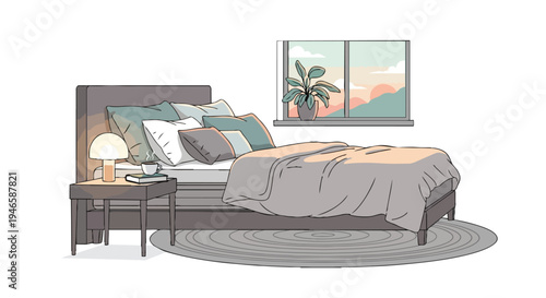 Serene bedroom scene digital illustration featuring cozy bedding and peaceful mountain vista