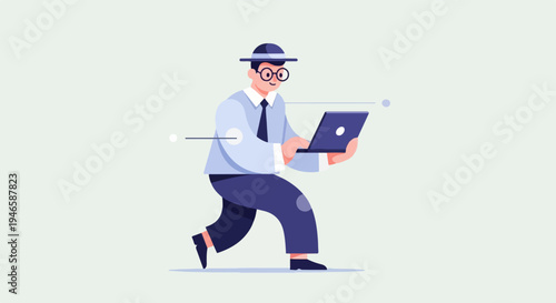 A person in a hat and glasses walks with a laptop