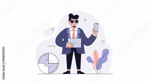 A man in a suit holds a laptop and phone, with a pie chart nearby