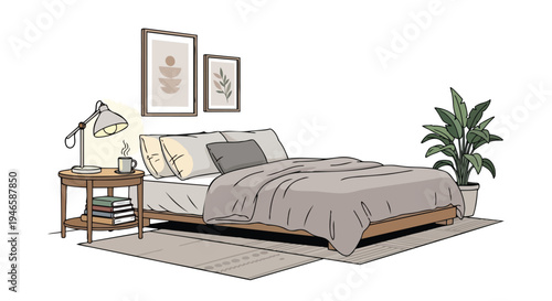 Modern minimalist bedroom illustration. Comfortable bed, bedside table, reading lamp, books, mug. Abstract wall art, potted plant. Serene, cozy,