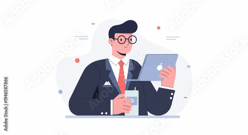 A man in a suit holds a laptop and a drink while working