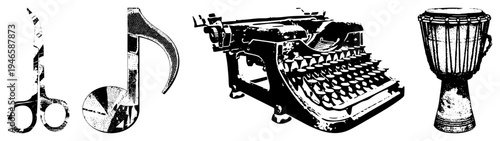 Retro tools and symbols typewriter for writing, scissors for cutting, music note for melody, djembe drum for rhythm. vector for creative projects.