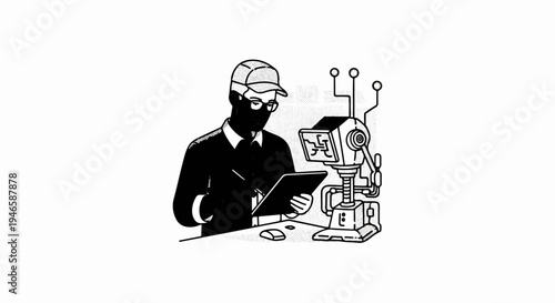 A masked individual examines a tablet near a robot with a screen