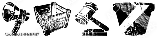 Four retro styled megaphone for announcements, wooden crate for shipping, gavel for auctions, helmet with design. vector symbols, distressed texture, flat design style.