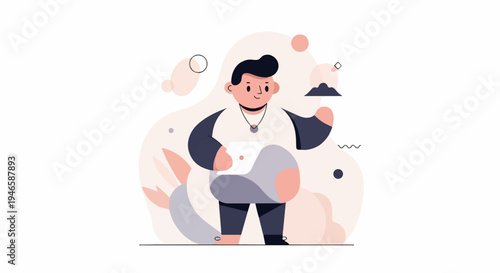 A minimalist cartoon character holding a tablet and surrounded by abstract shapes