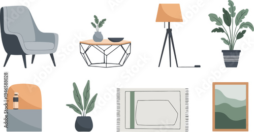 A modern interior scene features a plush armchair, hexagonal table, floor lamp, and potted plants