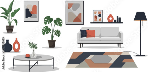 A modern living room scene with plants, furniture, and abstract art