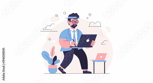 A man in a suit holding a laptop while standing near a potted plant and another laptop