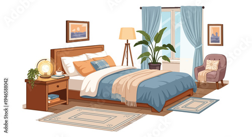An inviting, beautifully illustrated bedroom interior design, showcasing modern comfort, serene ambiance, and thoughtful decor for ultimate