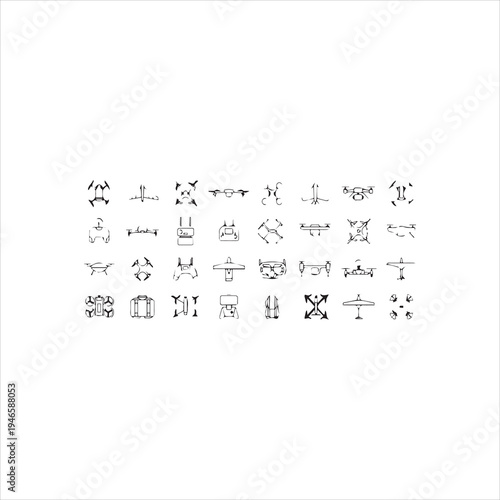  Drone line icons. Aviation unmanned controlled aircraft with camera, copter drones with wireless control, battery and propellers. Vector set of flying robot drone vehicles