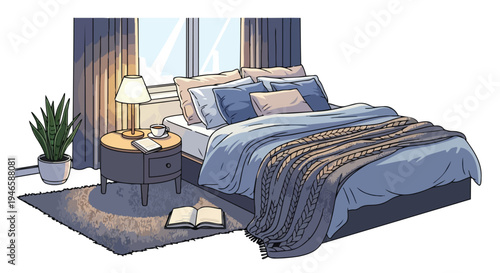 Cozy bedroom illustration with warm lighting, inviting bed, nightstand, and reading essentials.