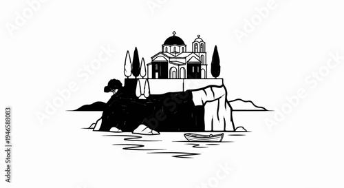 A monochrome illustration of a church on a cliff overlooking the sea with a rowboat