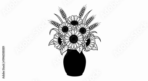 A monochrome illustration of sunflowers and wheat stalks in a dark vase
