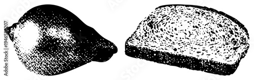 Stylized halftone lemon and bread slice, dotted texture illustration, food graphic, design, culinary, vintage print aesthetic.