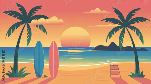 Serene summer beach vacation scene with palm trees surfboards and sunset over calm ocean waters evoking relaxation and leisure