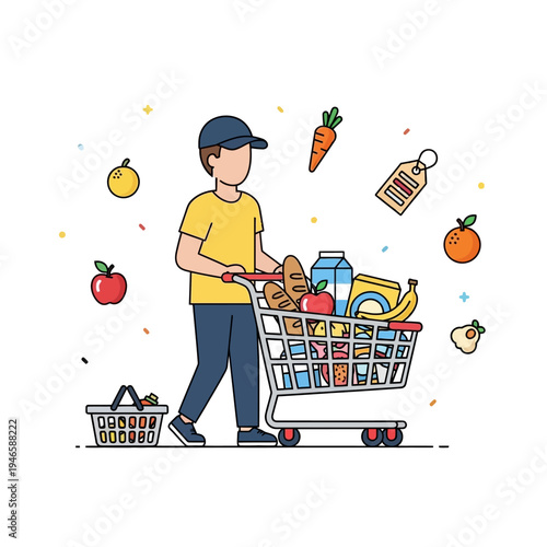 Man Shopping with Grocery Cart and Food.