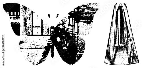 Graphic butterfly formed from cityscape fragments and textured fabric cone, halftone style, artistic composition, urban motifs, textile.