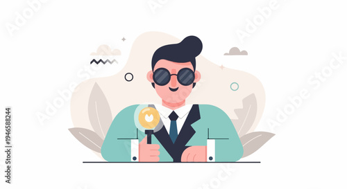 A man in a suit and sunglasses looks through a magnifying glass at a bright light