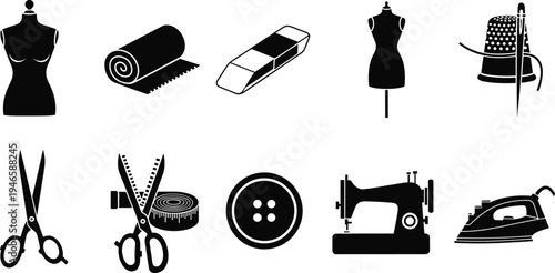 Sewing and tailoring tools icons set including mannequin, scissors, thread, sewing machine, iron and fashion design equipment