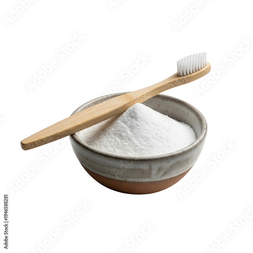 Bamboo toothbrush and baking soda in a bowl