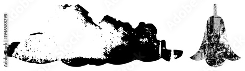 Stylized halftone bottle and bell, graphic art, vector cutout design, isolated shapes, artistic composition.