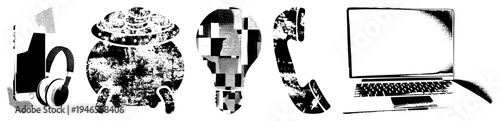 Retro electronics collage smartphone, headphones, gramophone, lightbulb, rotary phone, laptop halftone vector graphics, isolated digital artifacts.