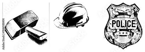 Classic black and white halftone illustrations of an eraser, hard hat, and police badge, ideal for retro design or law enforcement themes.