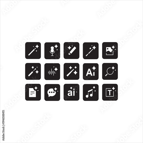  AI and magic icons. Wands and sparkle stars for chatbot. Voice enhancement, text document edit, retouch and image generation, audio effect, AI search, chat generate, music create tools vector set