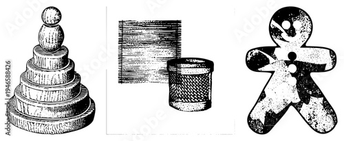 Wooden stacking toy with spherical top, textured cylinder, halftone gingerbread man cutout, vector illustration, isolated foreground elements.