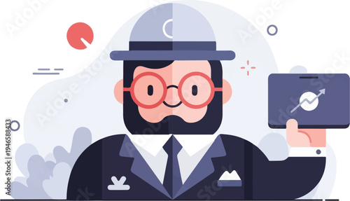 A man in a suit and hat holding a phone showing an upward trend graph