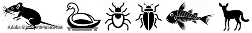 Vector animal symbols in black silhouette mouse, swan, beetle, fish, deer. Flat design for UI, apps, or branding. Stylized animal with clean and negative space.