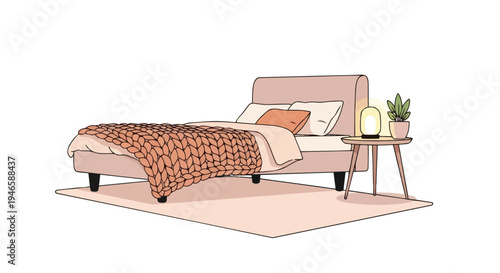 Minimalist bedroom illustration with cozy bed, chunky knit blanket, soft pillows, warm glowing lamp, and a plant on a side table evoking deep comfort.