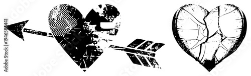 Romantic symbol of heartbreak, shattered love, distressed romantic graphic, black and white vector art, symbolic breakup.
