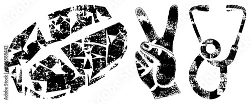 Distressed black/white vector brain, peace hand, stethoscope for medical, wellness, protest. Synonyms cerebral, victory sign, auscultation tool.
